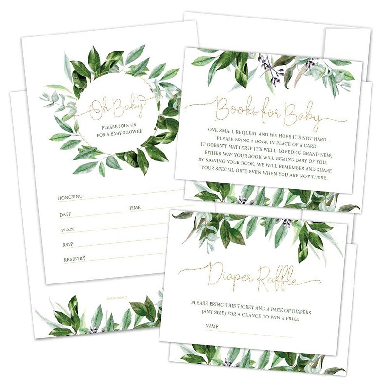 Hat Acrobat Set of 25 Floral Boho Baby Shower Invitations for Girl and Boy - Gender Neutral Sage Green Baby Shower Invitations for Boy & Girl, Diaper Raffle Tickets, Book Request Cards with Envelopes - Image 5